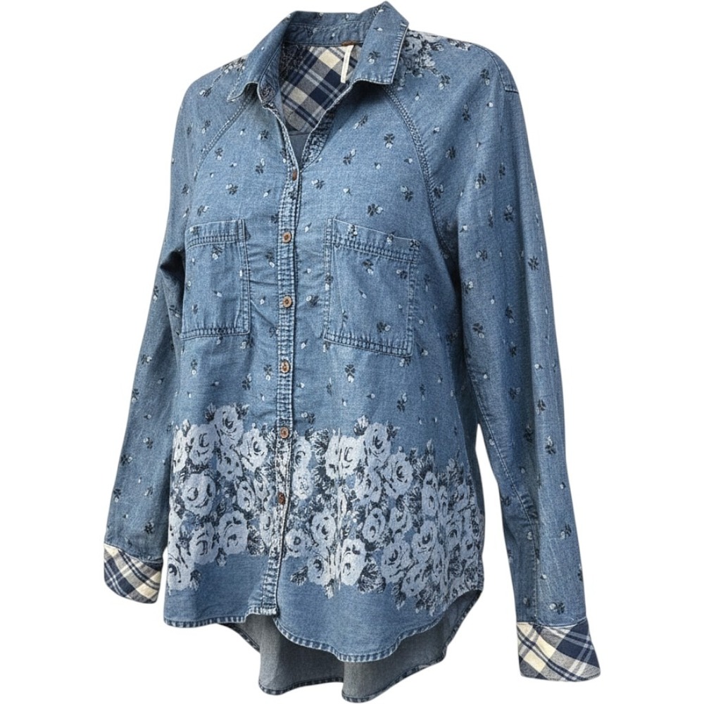 Free People Dottie Over You Shirt Top Small Blue Faded Floral High-Low Hem